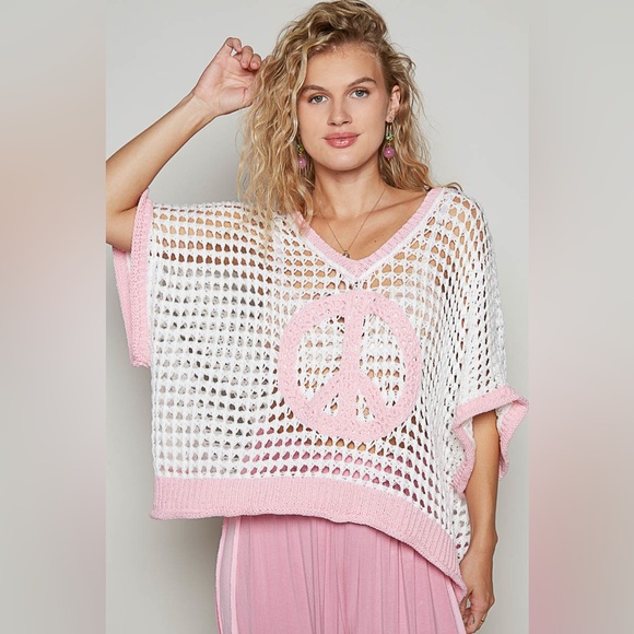 POL Tops - #207 2left! POL Pink and White Crochet Peace Sign Top